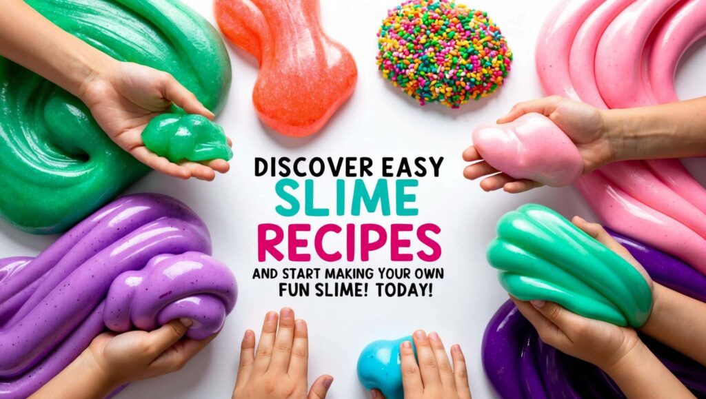 Easy slime recipes featuring colorful, stretchy slime in green, pink, and purple with hands creating fluffy, crunchy, and smooth textures. Non-toxic, fun slime made from simple ingredients like glue, food coloring, and foam beads. Perfect for kids and adults who love making safe slime at home.