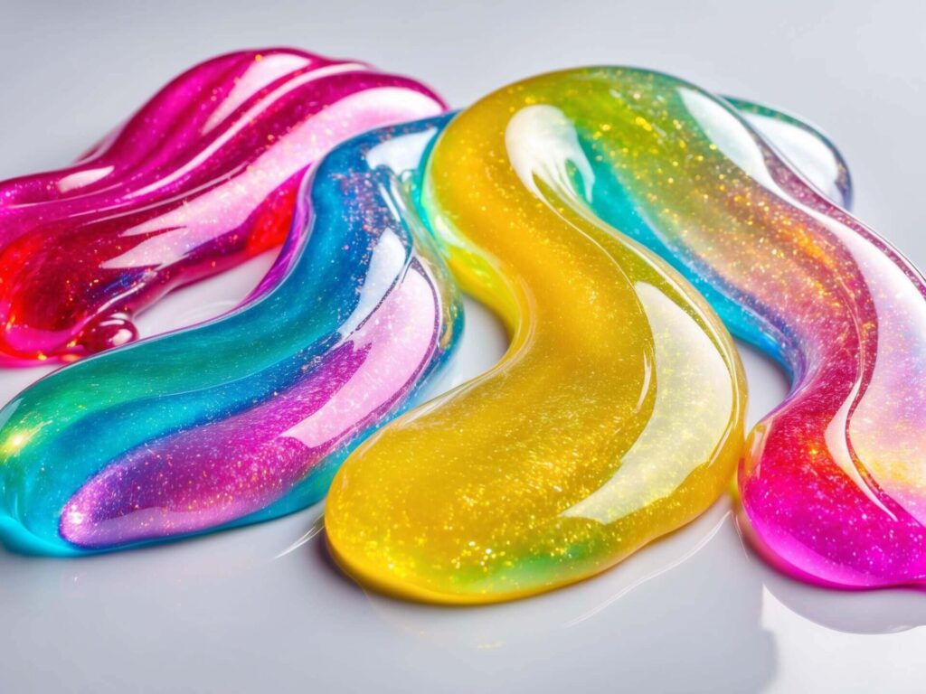 Colored clear slime made with food coloring.