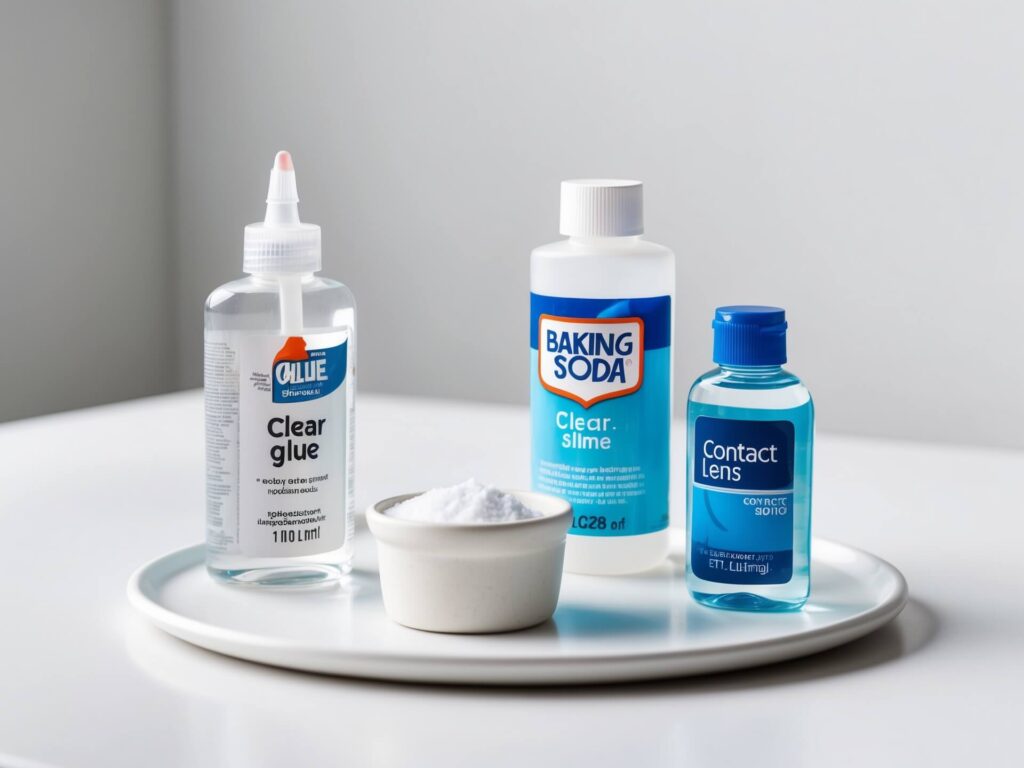 Ingredients for clear slime: clear glue, baking soda, and contact lens solution