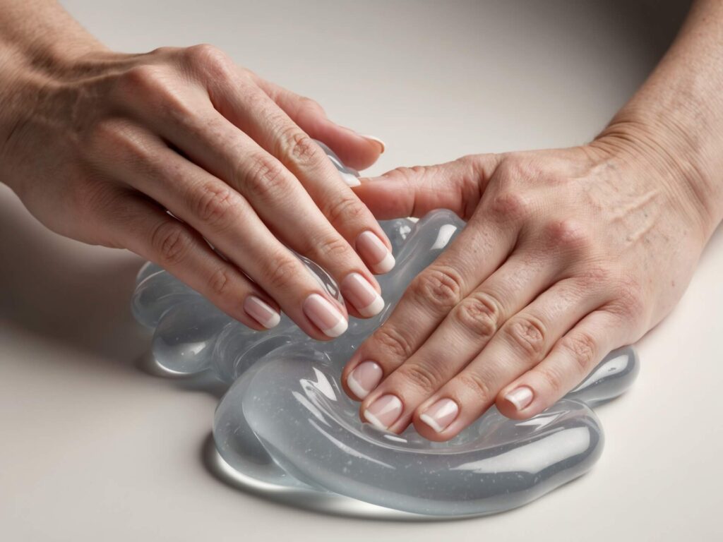 Kneading clear slime to achieve smooth, stretchy texture.