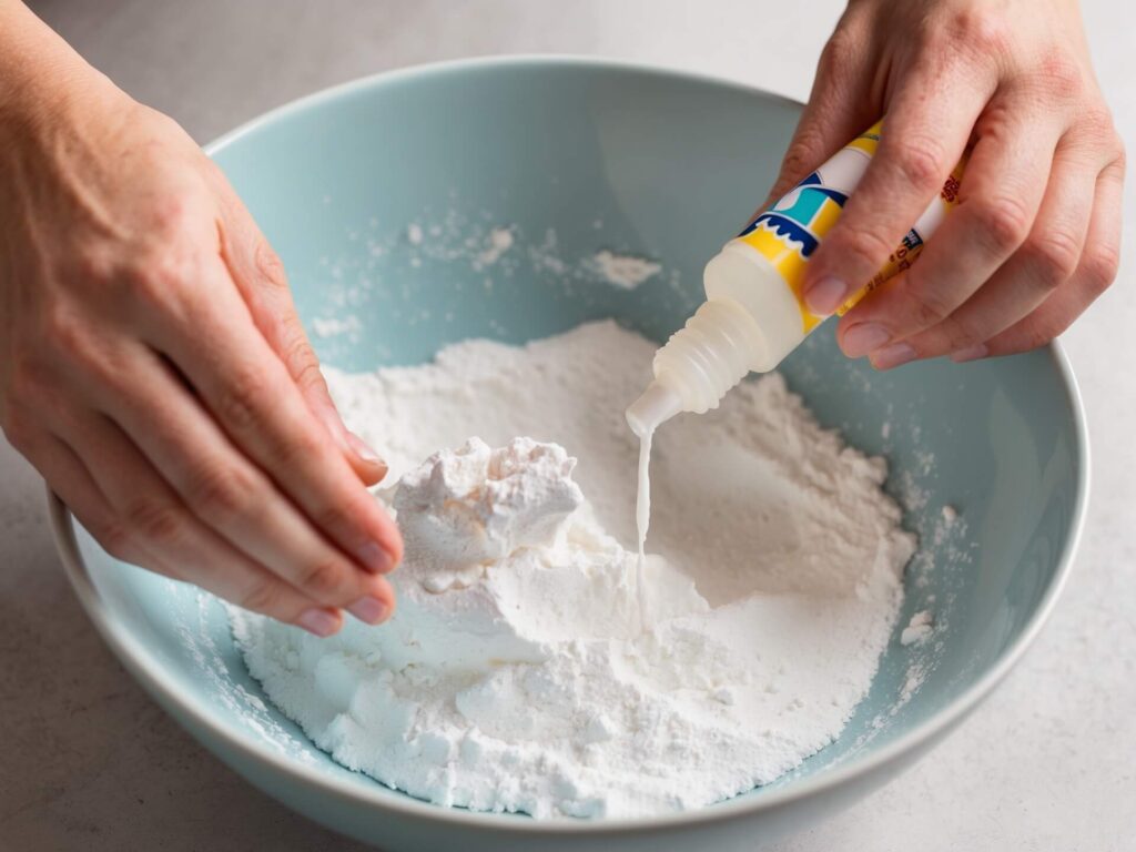 Mixing clear glue and baking soda for slime recipe.