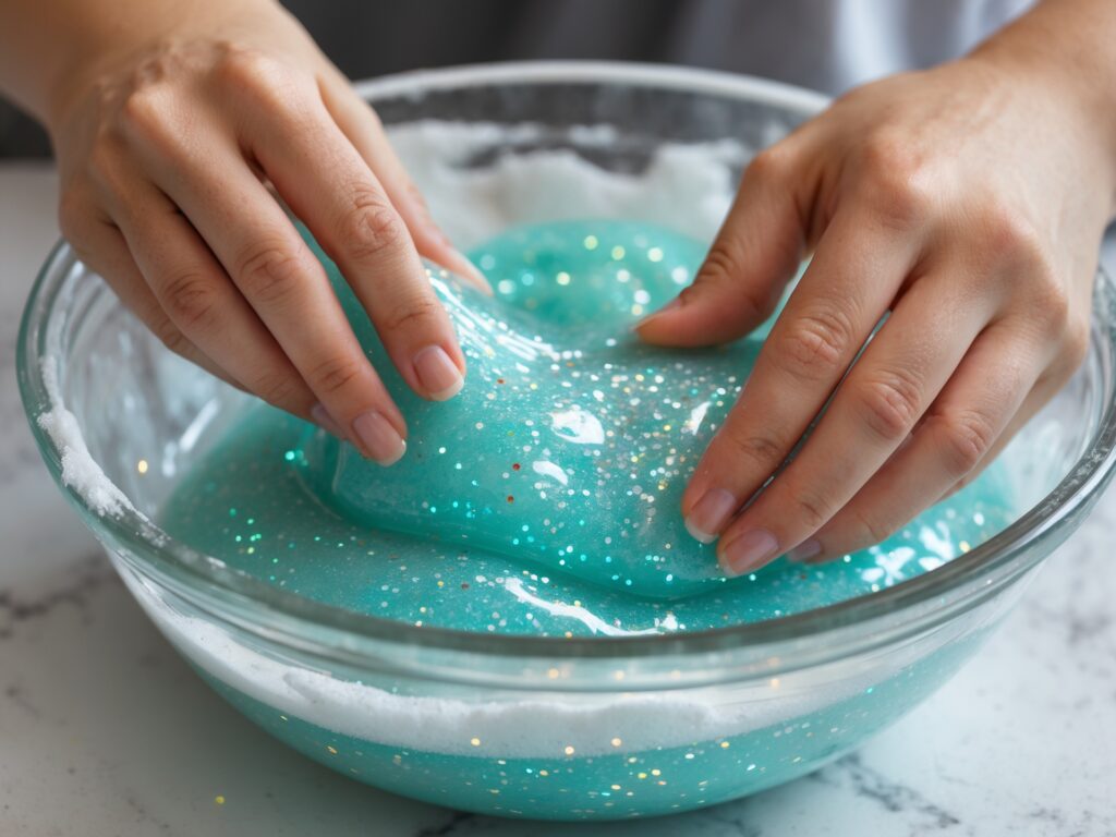 Kneading glitter clear slime to achieve the perfect texture.