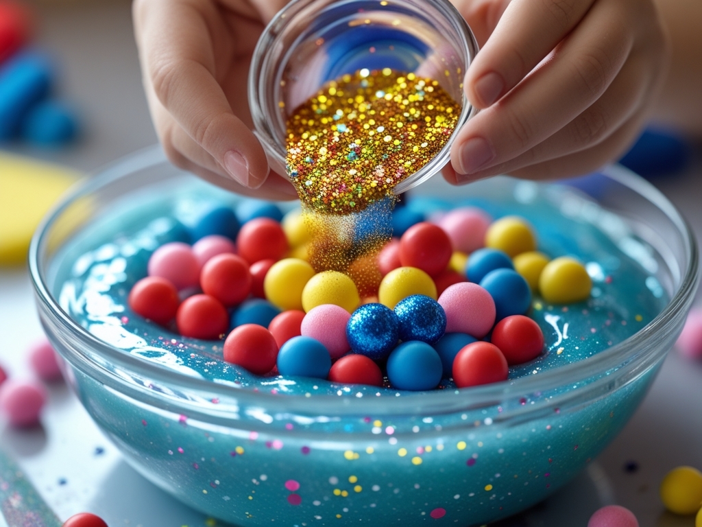 Adding colorful foam beads to Crunchy Slime for extra crunch