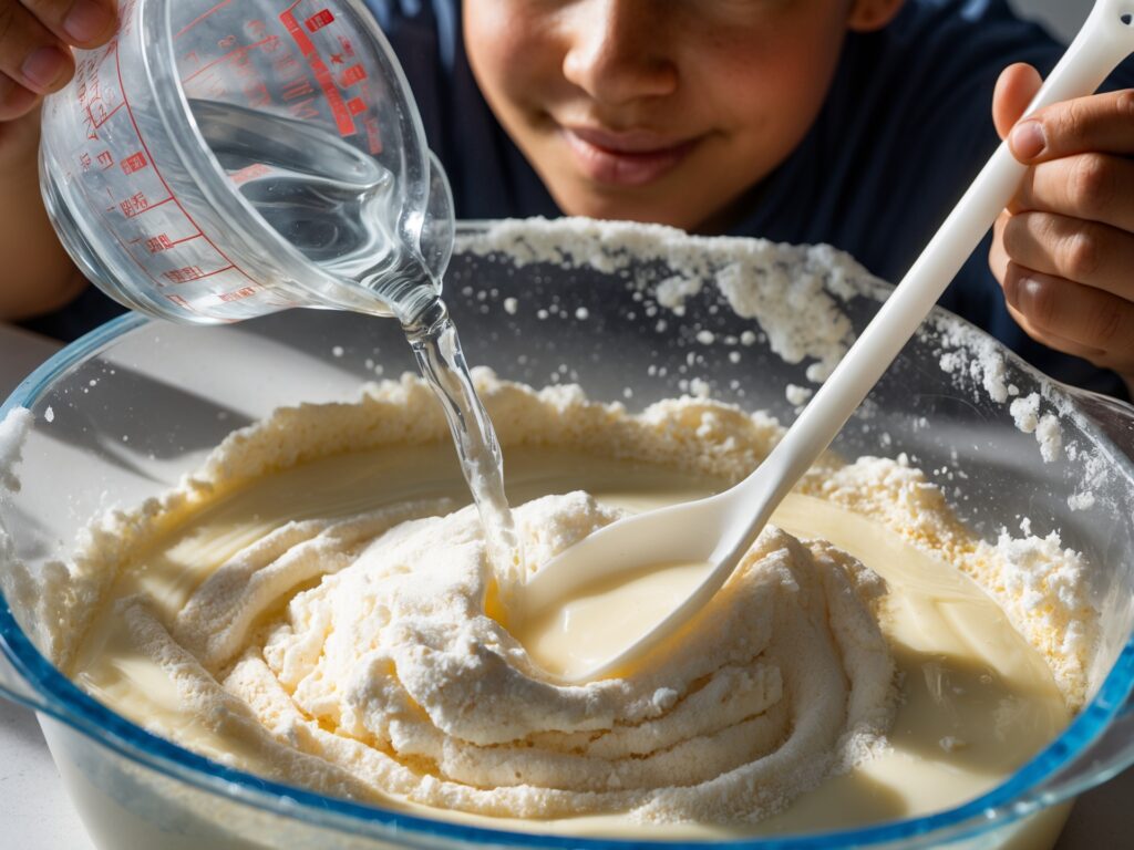 Gradually adding water to the shampoo and cornstarch mixture to make clear slime.