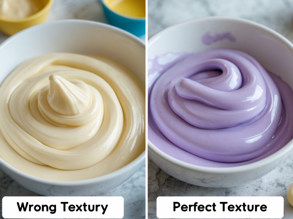 Side-by-side comparison of clear slime textures: one too runny and the other perfect.