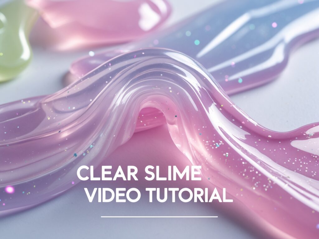 Clear slime being stretched in a DIY tutorial with vibrant, translucent textures, perfect for a clear slime video tutorial blog post.