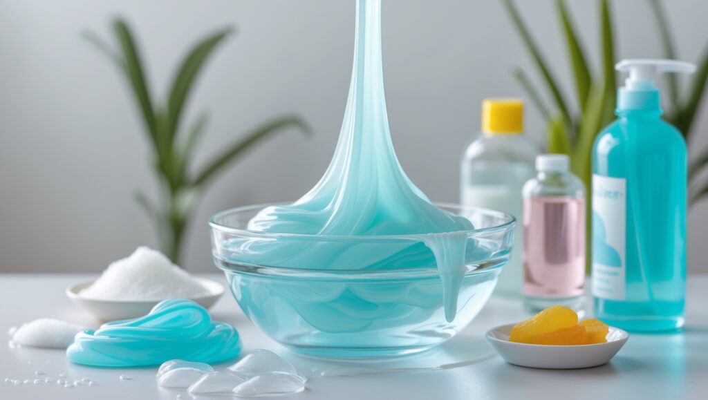 Clear slime without glue in a transparent bowl, with ingredients like cornstarch and shampoo displayed for a DIY slime recipe.
