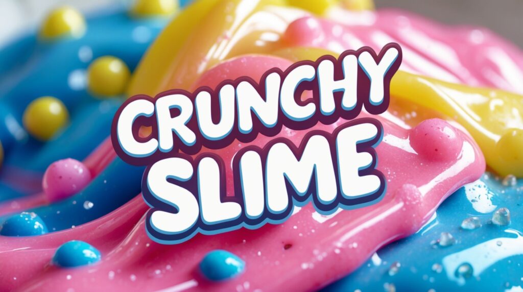 Close-up of colorful, textured Crunchy Slime Recipe with foam beads and glitter, stretched to show its glossy and satisfying ASMR texture.