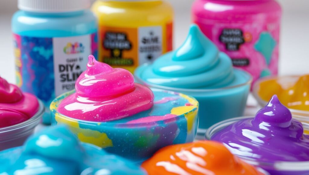 DIY slime kit with colorful ingredients, glue, activators, and pigments for making slime at home.