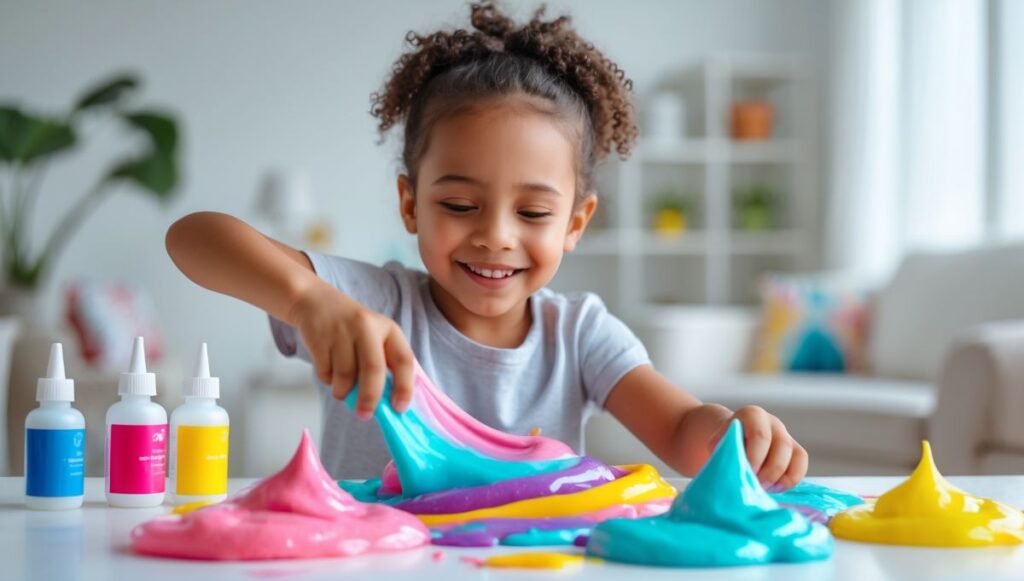 Child making colorful, non-toxic slime from a DIY slime kit in a bright, clean environment. Fun and safe slime-making for kids.