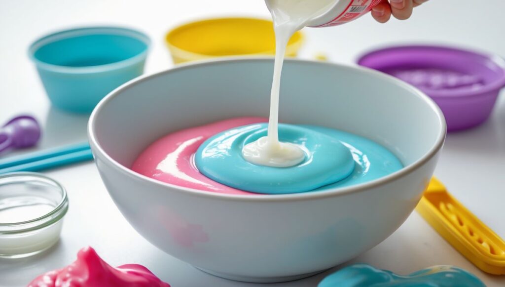 Mixing glue and activator in a bowl with slime-making tools from a DIY slime kit for slime creation.