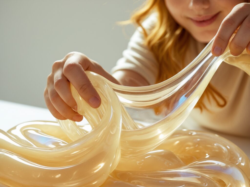 Playing with stretchy, clear slime made without glue.