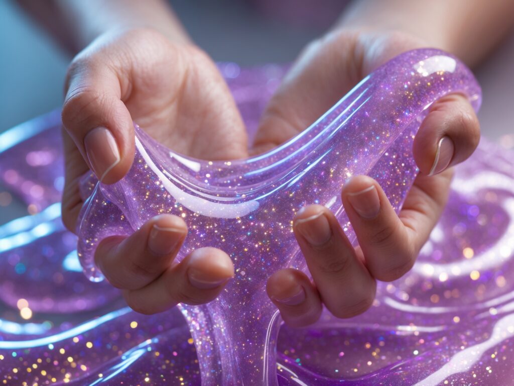 Finished glitter clear slime with glitter particles visible