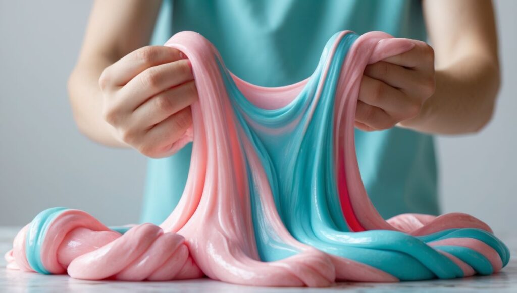 Stretching fluffy slime from a DIY slime kit to showcase its soft, airy texture with colorful elements.