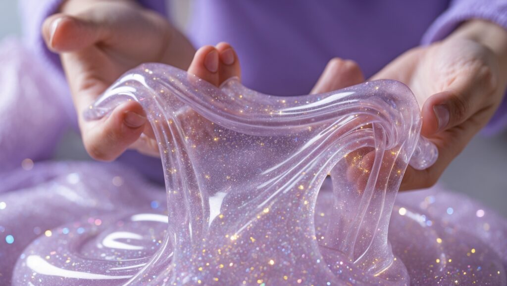 Glitter clear slime being stretched with sparkles and a shiny, transparent texture.