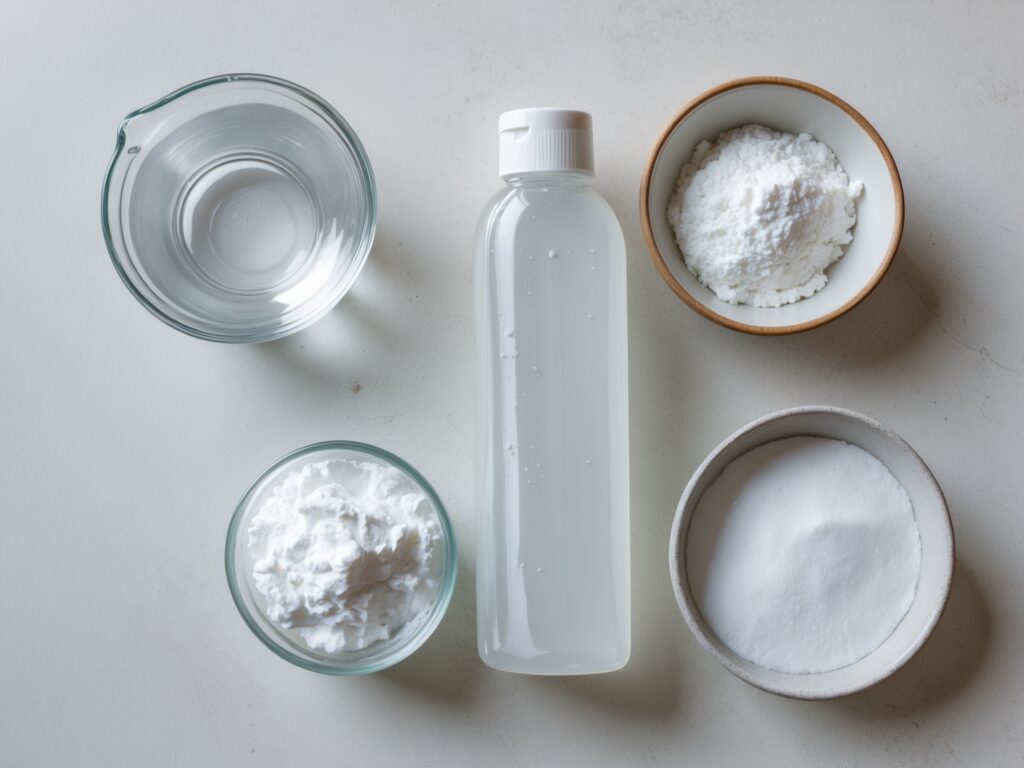 Ingredients for clear slime without glue: shampoo, cornstarch, water, and optional baking soda.