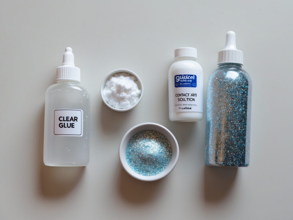 Materials for glitter clear slime: clear glue, baking soda, glitter, contact lens solution
