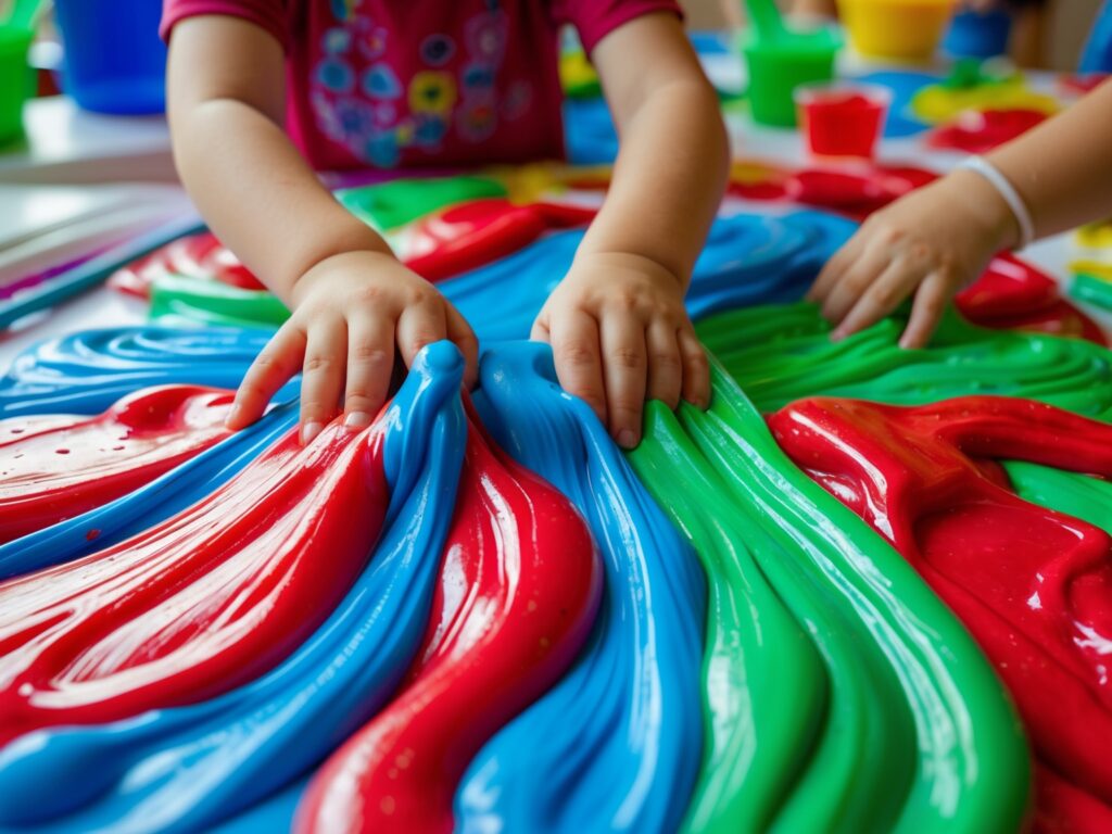 A large batch of Slime Licker-inspired slime in red, blue, and green being played with by kids at a party.