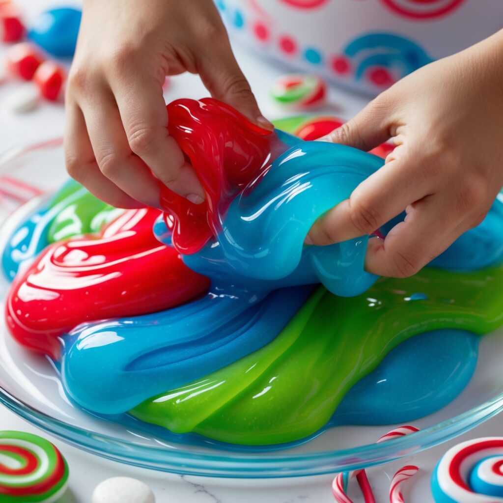 Hands mixing vibrant food coloring into clear slime, inspired by Slime Licker candy.