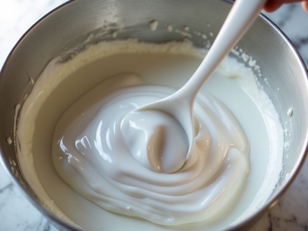 DIY slime mixing process with white PVA glue and water in a bowl