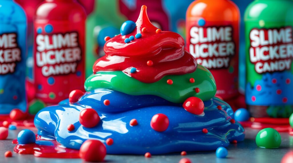 Vibrant Slime Licker-inspired slime in red, blue, and green, styled with candy bottles in the background.