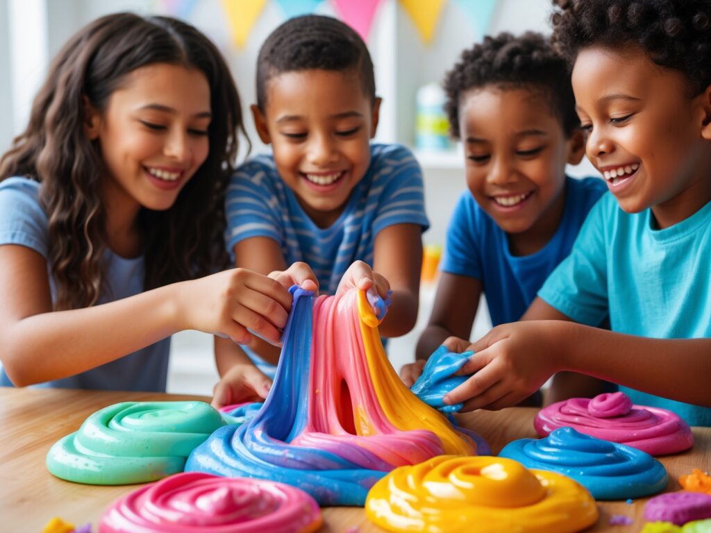 Kids and adults enjoying colorful Slime Licker-inspired slime in bright red, blue, and green hues.