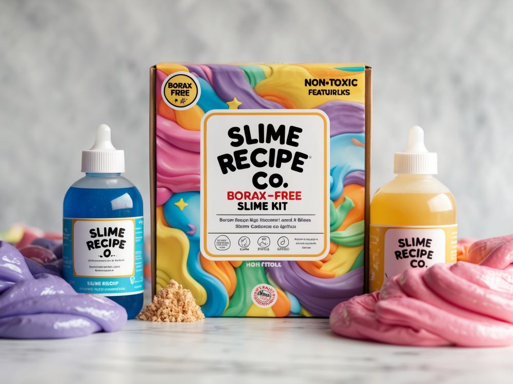 Slime Recipe Co. Borax-Free Best DIY slime kits with non-toxic ingredients and colorful pigments.