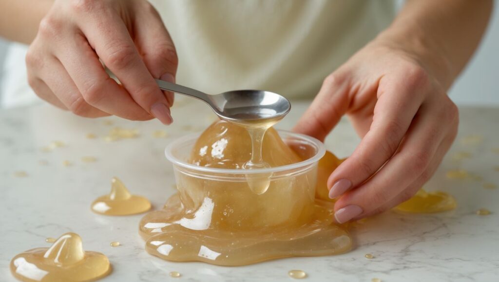 Fixing sticky slime by adding activator from a DIY slime kit to the mixture with a spoon.