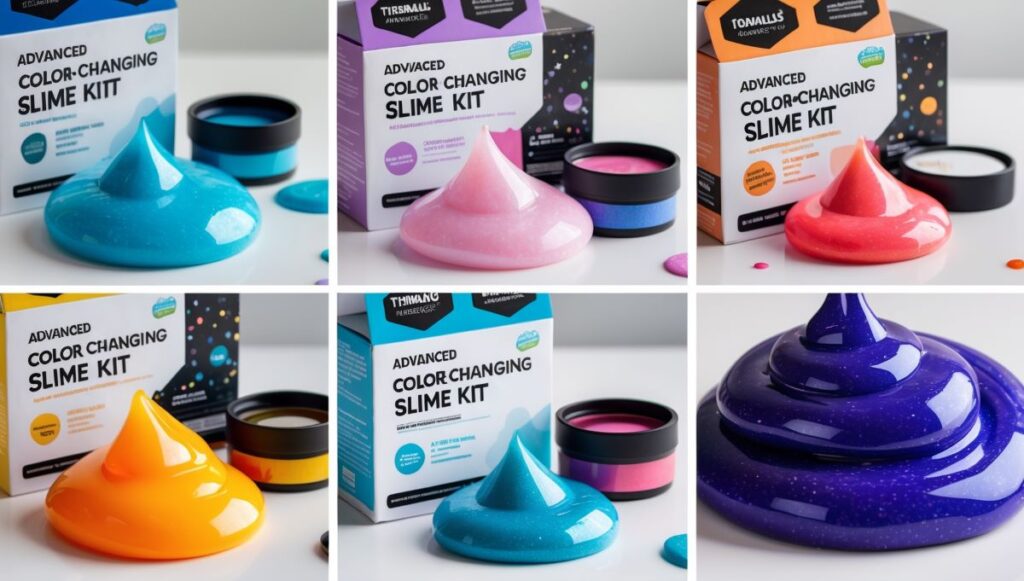 Collage of top-rated advanced color-changing slime kits with thermochromic pigments