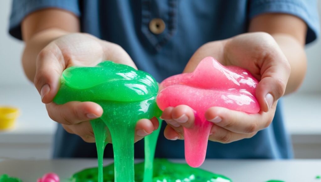 Hands holding color-changing slime transforming from green to pink