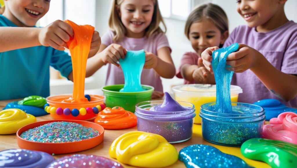 Vibrant slime kits for kids, featuring glitter, beads, and foam, ideal for creativity and play.