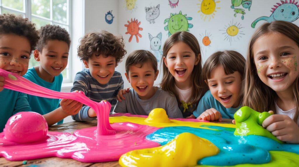 Children enjoying playing with colorful slime, creating endless fun and creativity with slime gift sets.