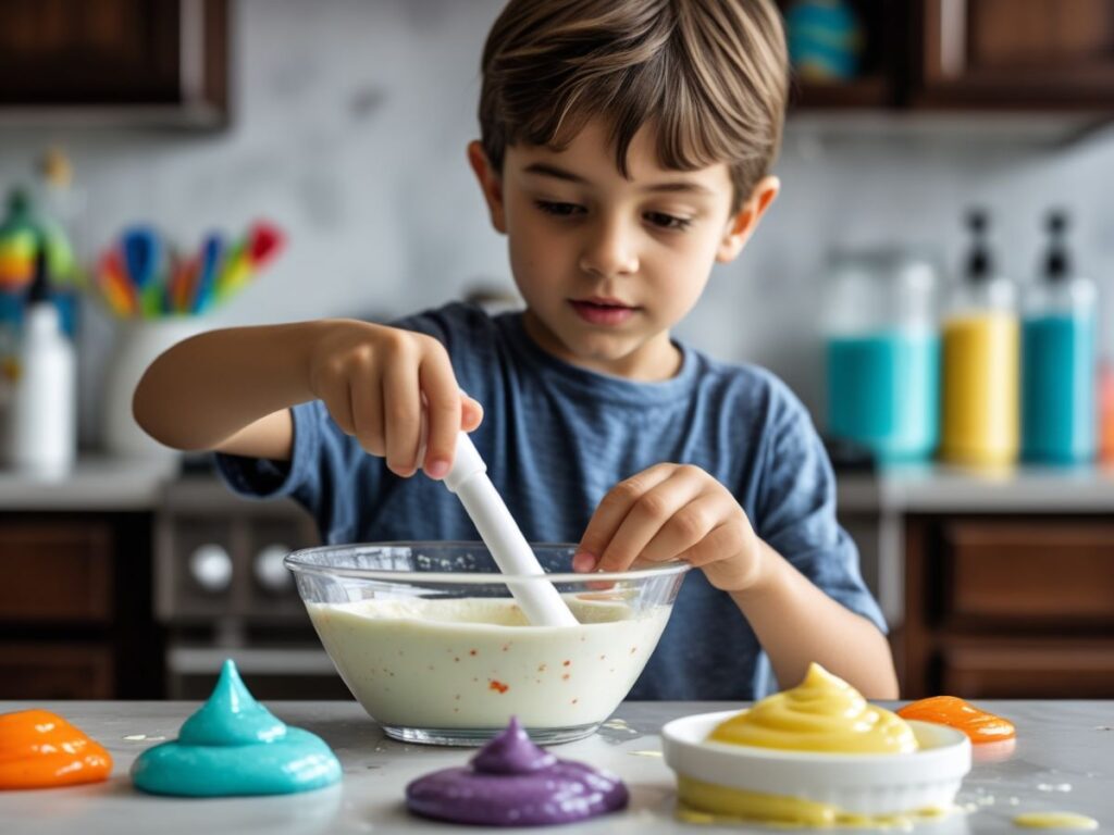 Step-by-step slime-making process with a child mixing ingredients to create perfect slime texture.