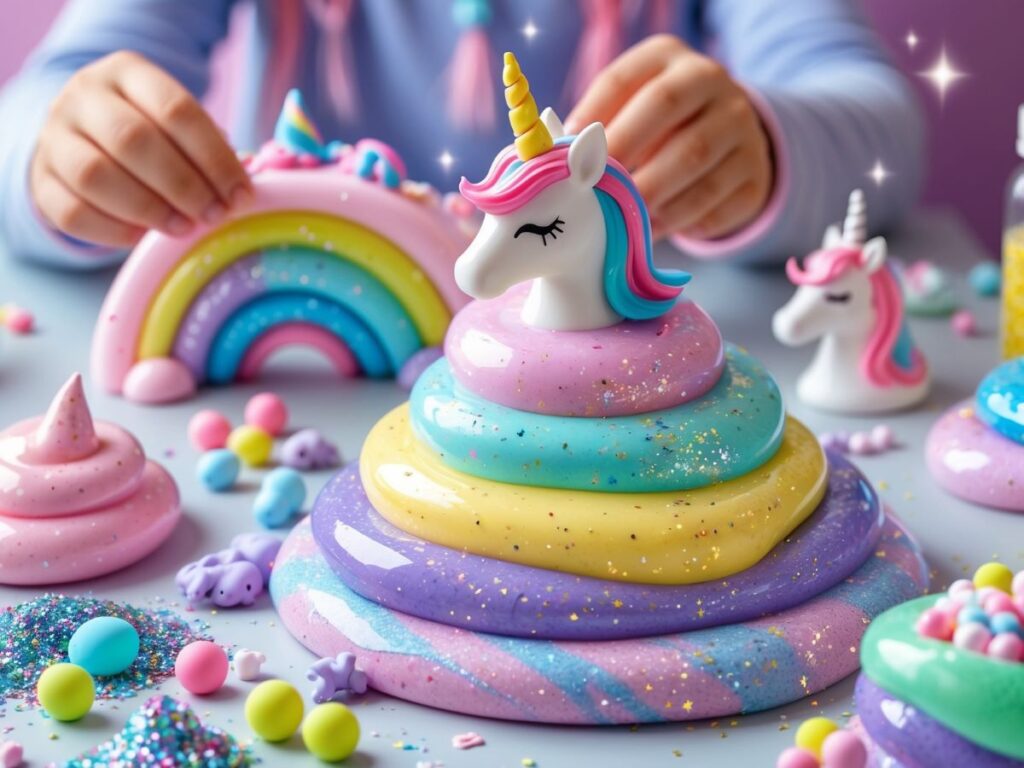 Unicorn Slime Magic Kit with pastel slimes, glitter, and foam beads, perfect for creative play and themed parties.