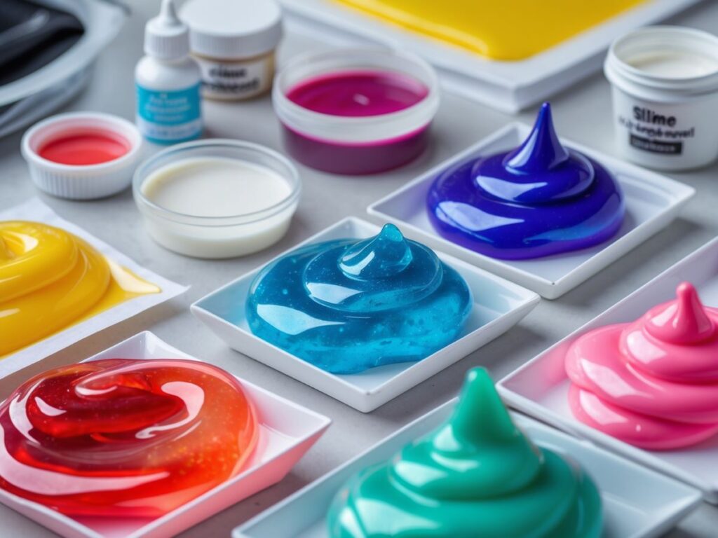 Components of advanced color-changing slime kits including thermochromic pigments and slime activator